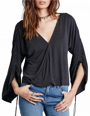 OB496095 Free People Top Salt N Peppa Black, Draped Sleeves