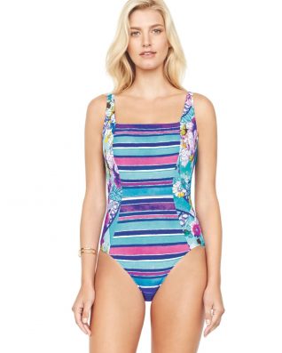 Gottex Blue Stripes Floral Swimsuit Summer 2018