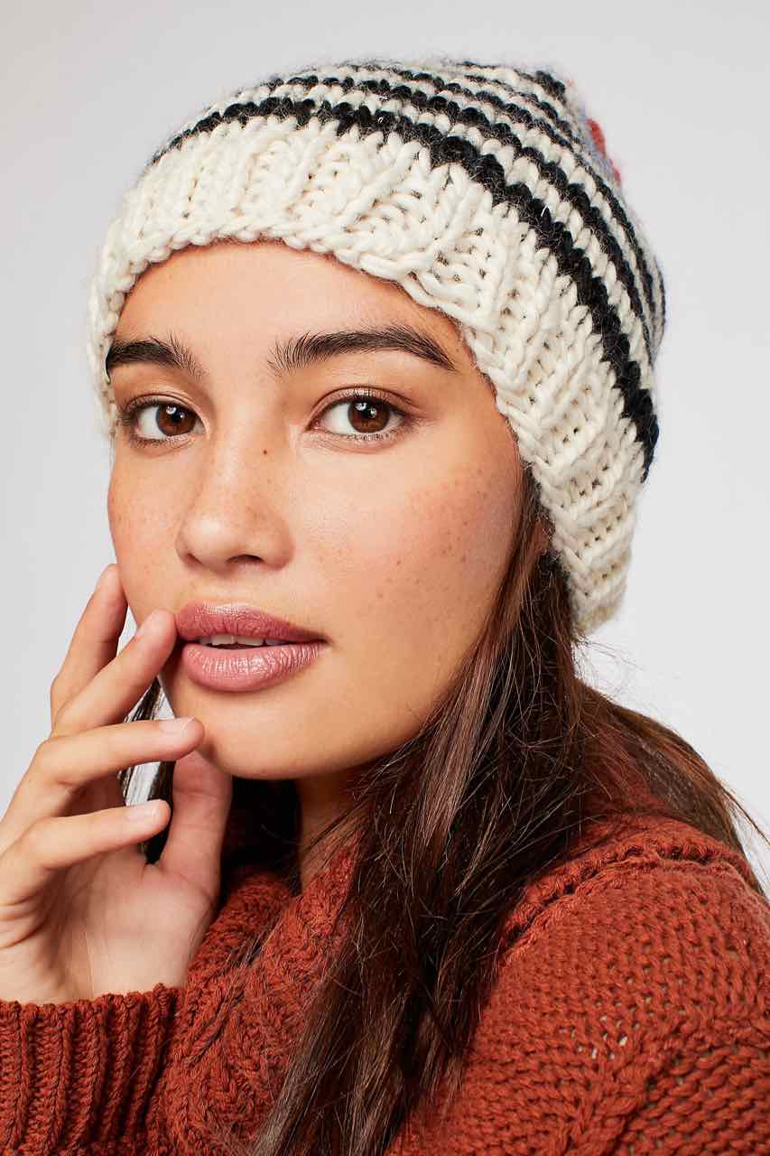Free People Hat TULLAMORE STRIPE BEANIE Blac and White Fall 2018
