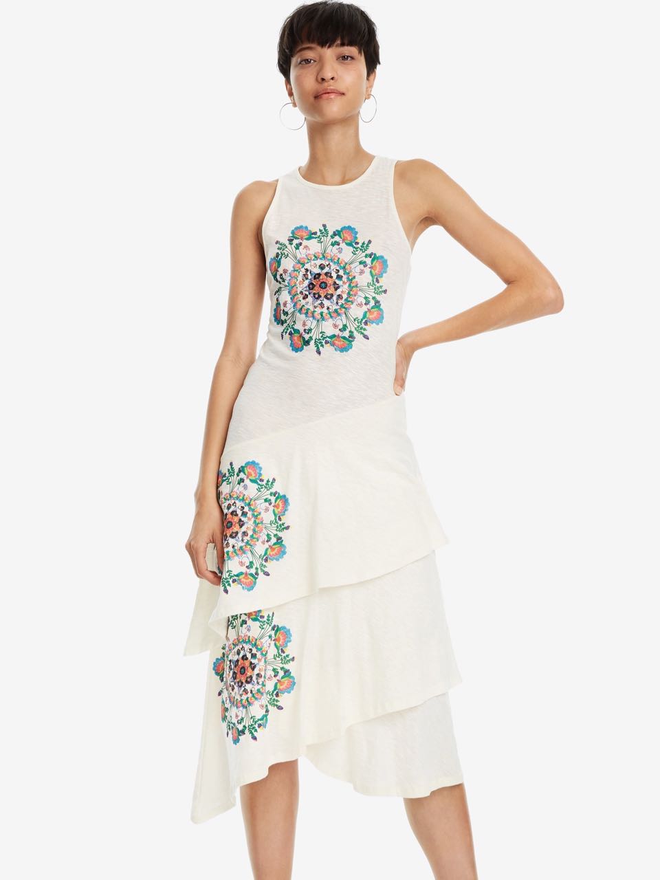 DESIGUAL White Midi Dress CHELSEA Ruffles 19SWVK02 Summer 2019