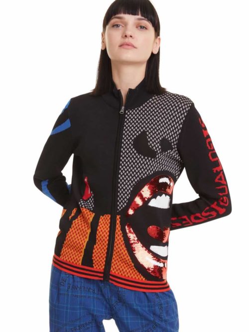 Desigual Knitted Jacket with Zipper NY Black Orange 19WWJF14