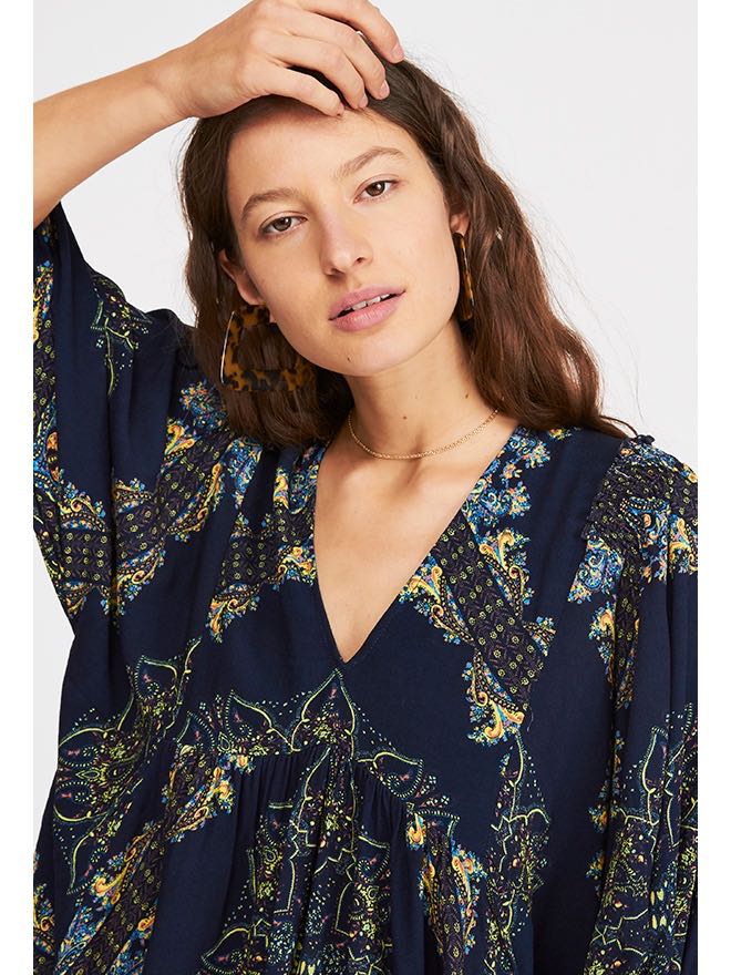 Free People GIRL TALK Tunic NAVY Long Top Floral