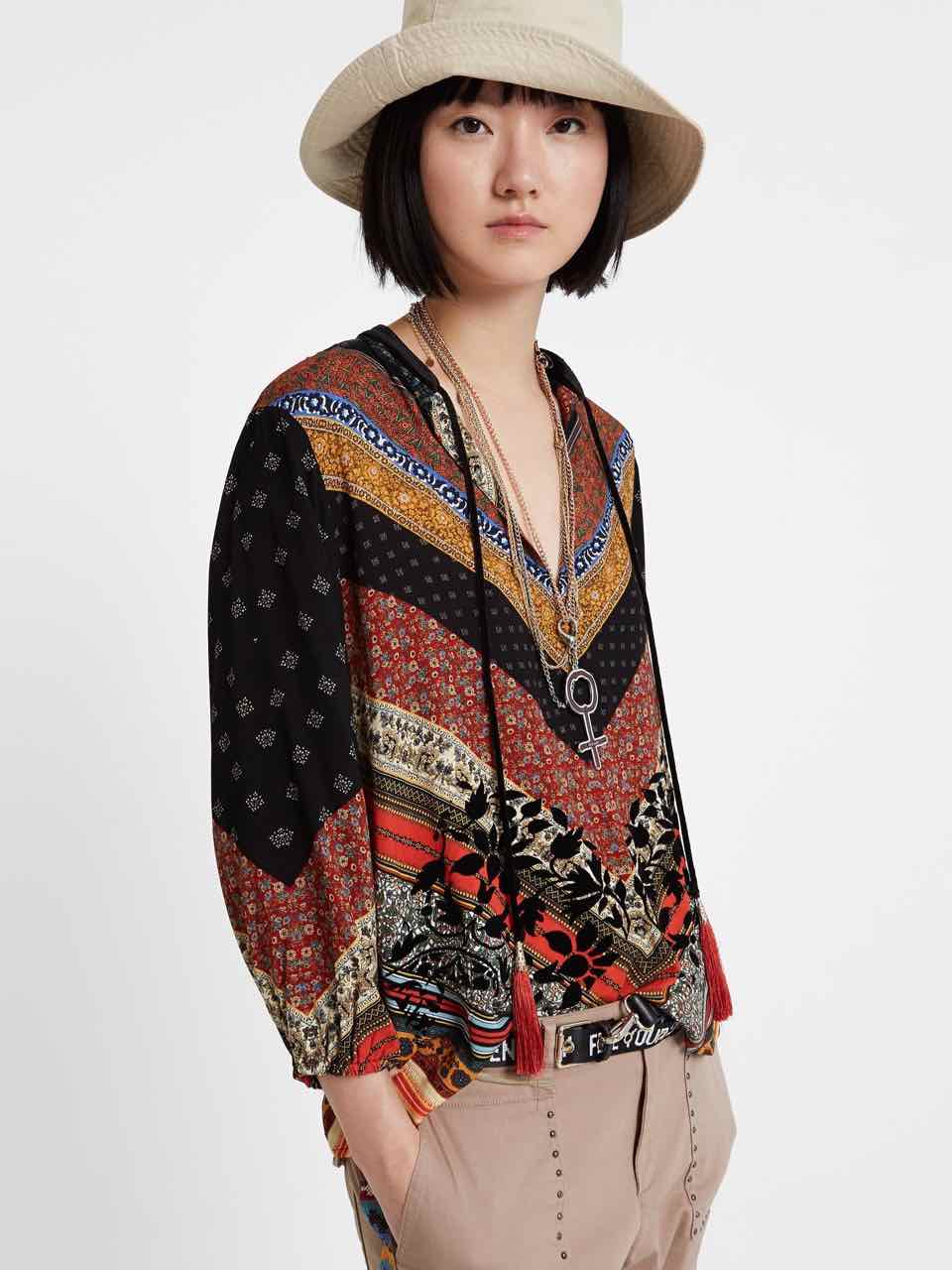 DESIGUAL Viscose Boho Blouse with Tie at V-Neck 19WWBW19