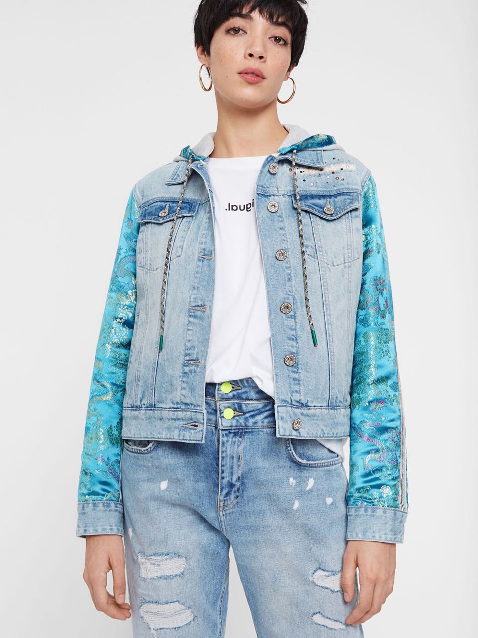 DESIGUAL Denim Jean Jacket Oriental Patch and Dragon Embroidery