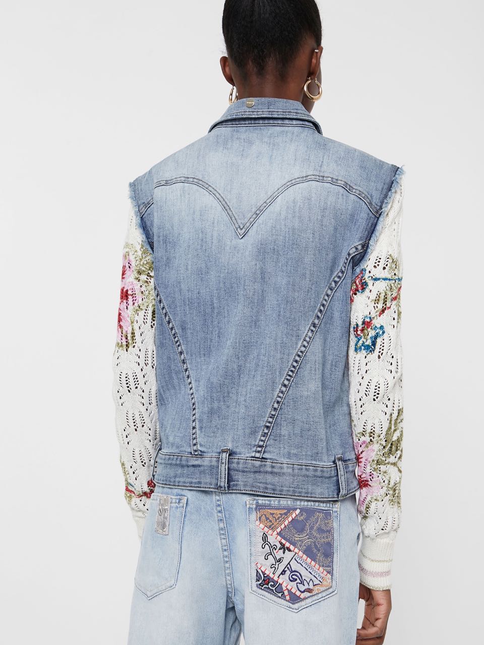 DESIGUAL Denim Jacket floral patch jean and crochet