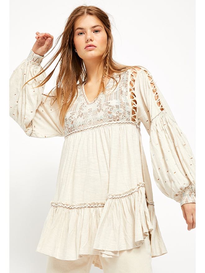 Free People MUCH LOVE TUNIC Sand Beige Embroidery Lace