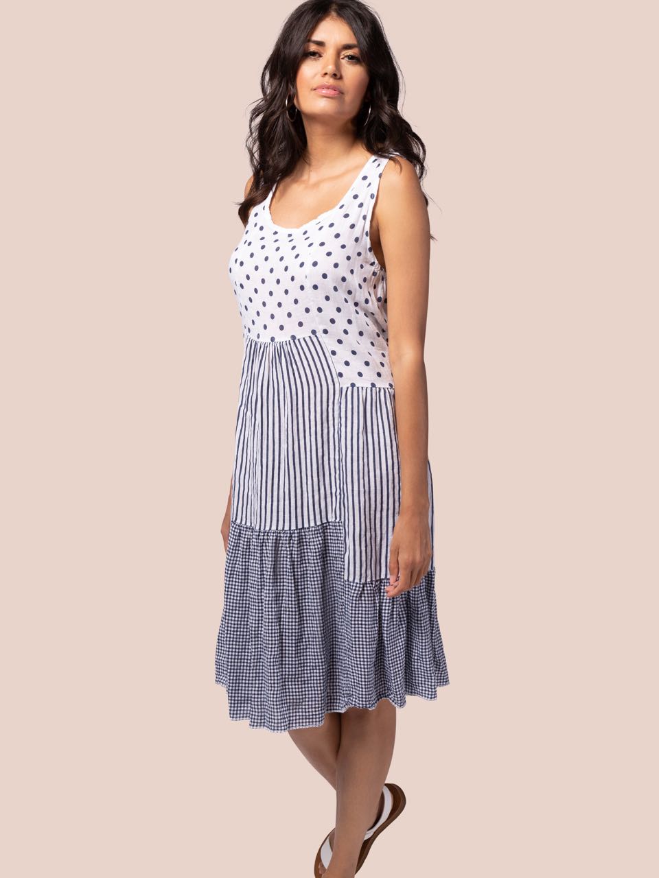 M Made in Italy Linen Summer Dress White Navy Dots Stripes