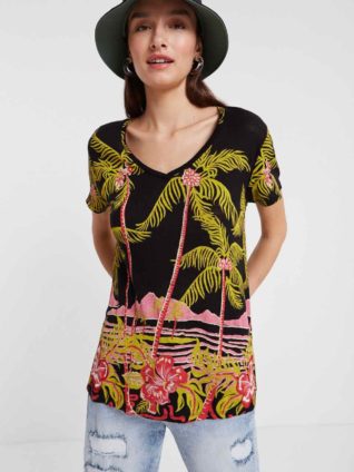 Desigual Linen T-Shirt "Black Palms"