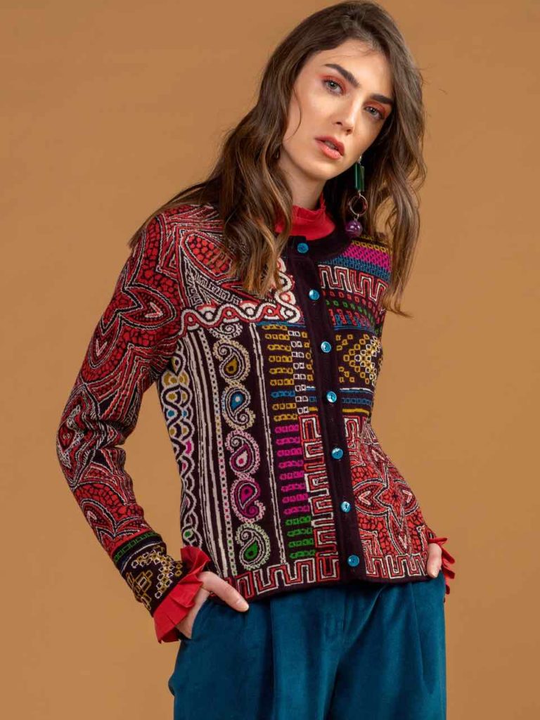Ivcko Wool IVKO Merino Wool Cardigan Geometric Pattern 202621 Brown Red