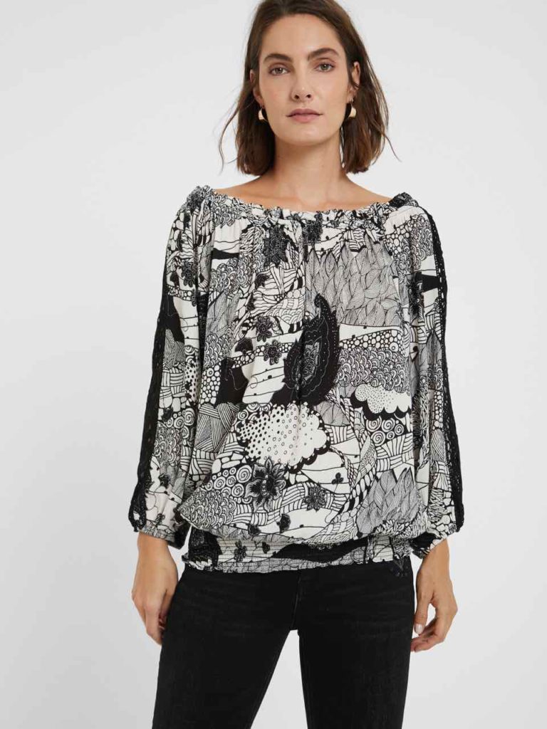 DESIGUAL Black and white blouse lace sleeves 20WWBW052000