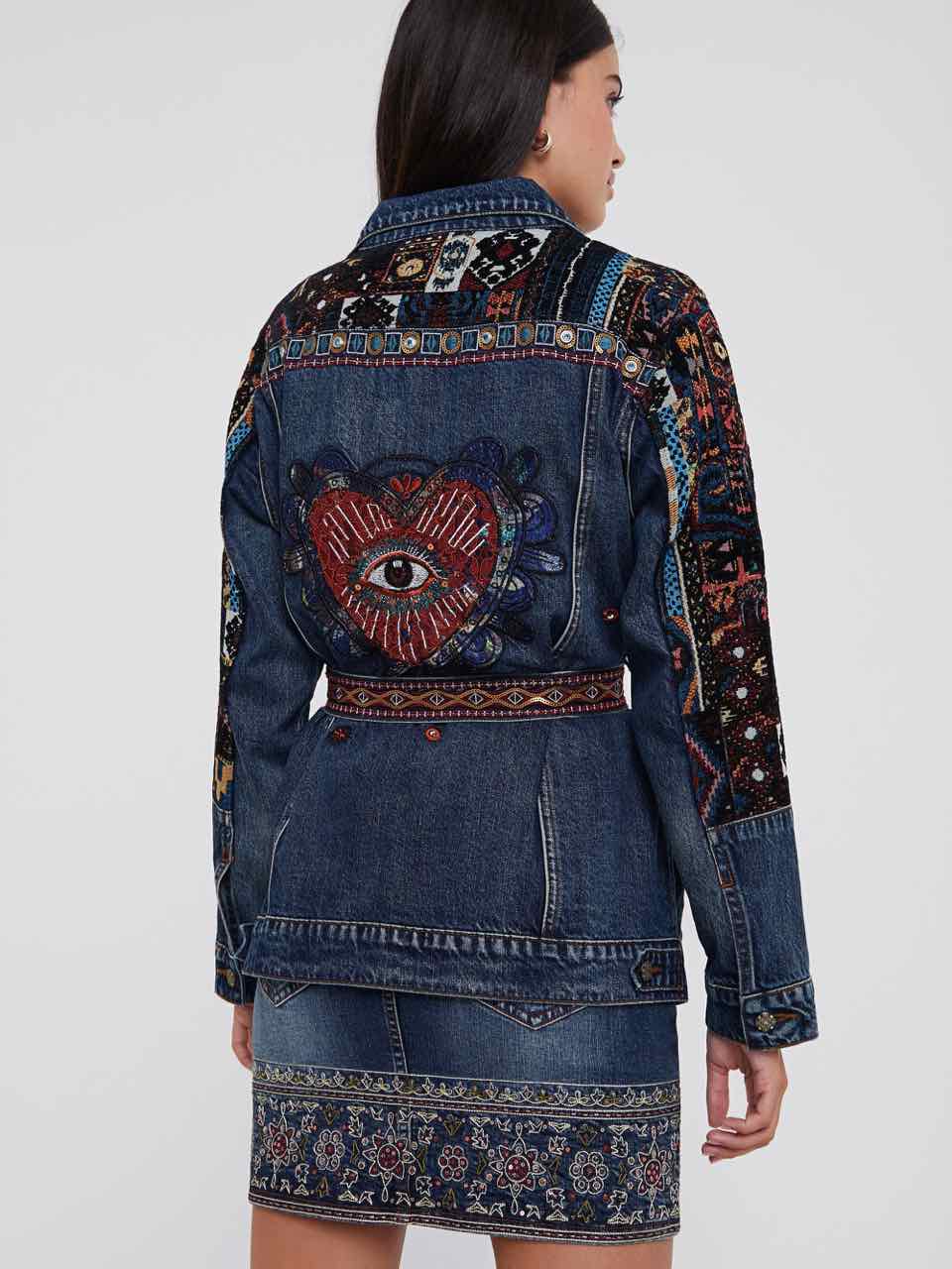 DESIGUAL Embroidered Denim Parka Boho Belt Jacket