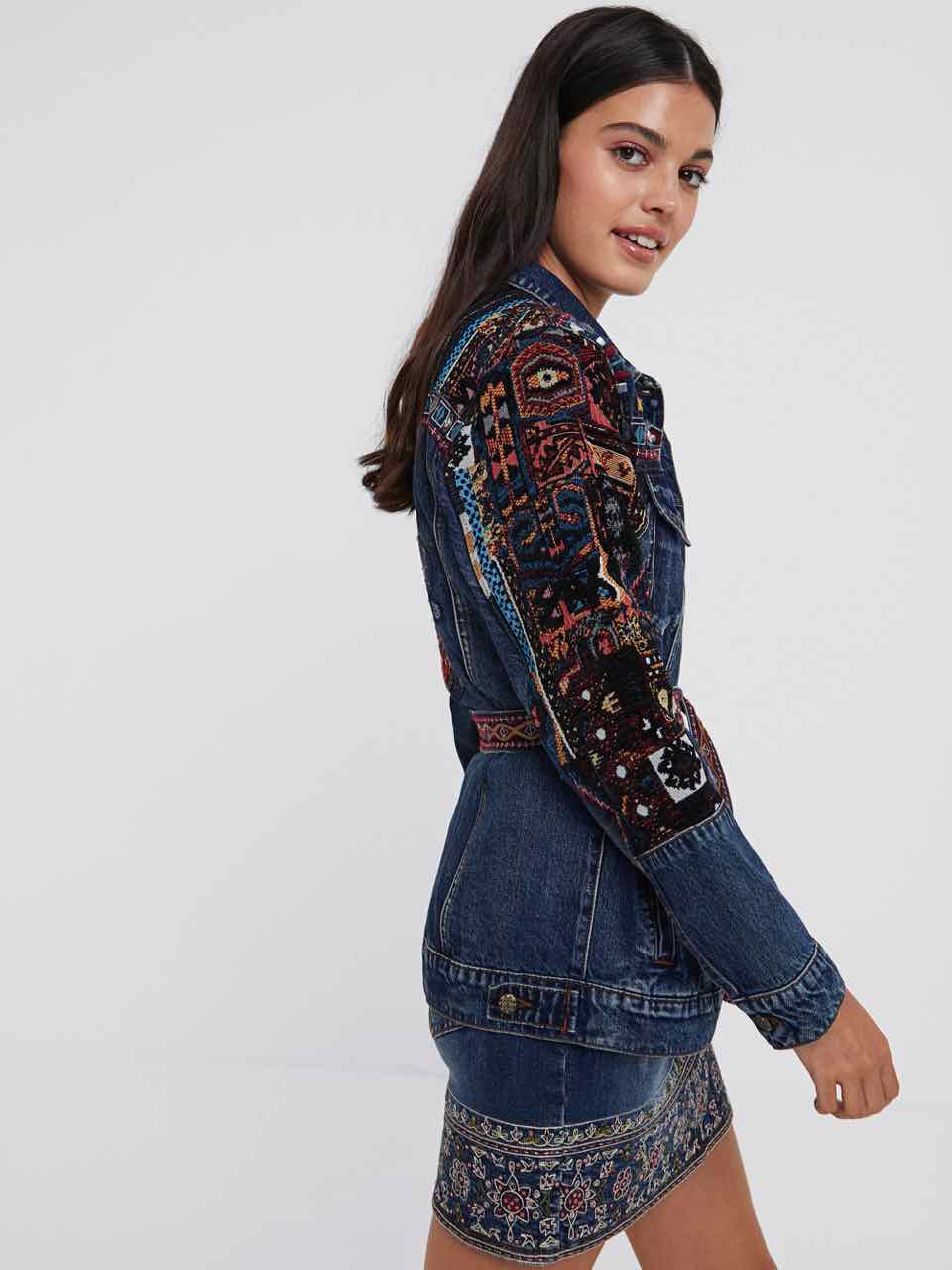 DESIGUAL Embroidered Denim Parka Boho Belt Jacket