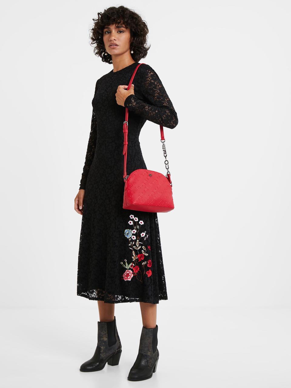 DESIGUAL Floral Lace Midi Dress Black Embroideries