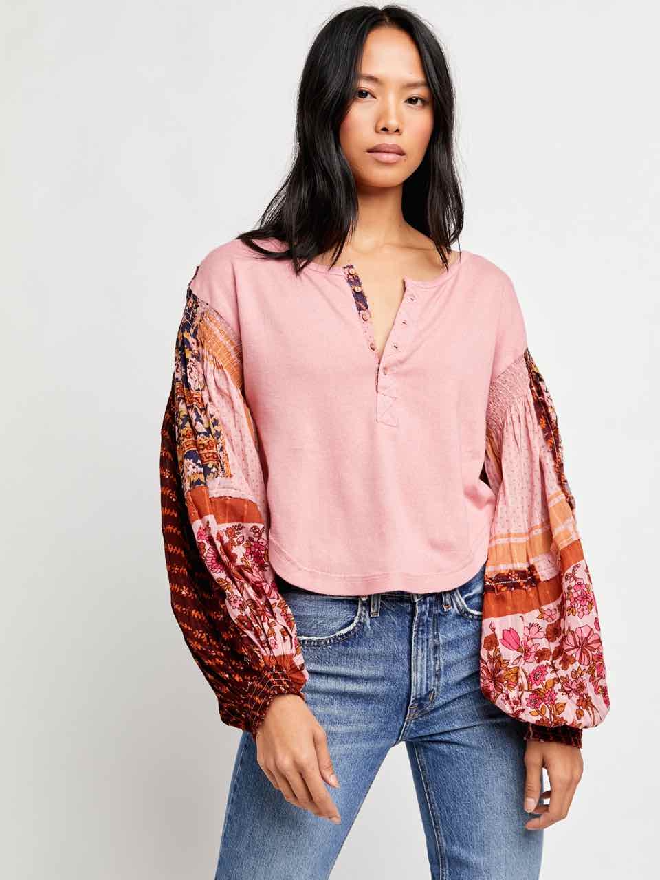 Free People LIGHT MAGIC HENLEY Top Pink Cream