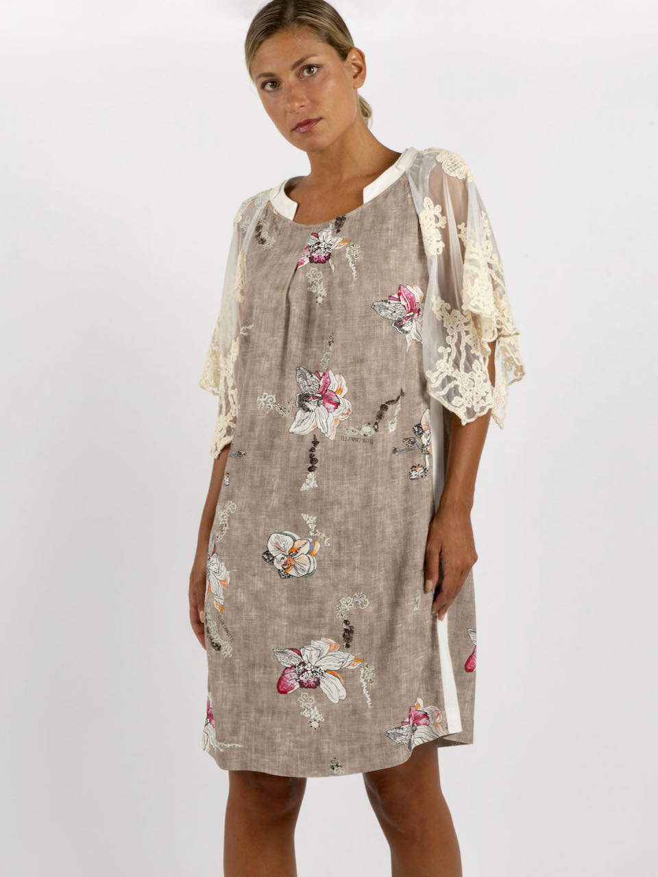 Elisa Cavaletti Linen Dress Beige Floral Lace Sleeves