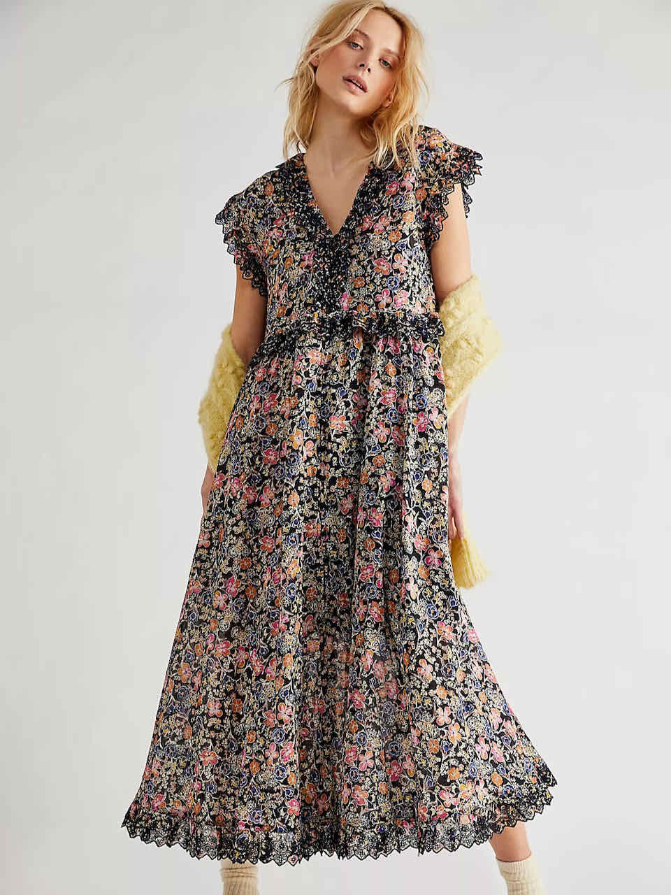 Free People MILANIA MIDI DRESS Black Confetti Combo