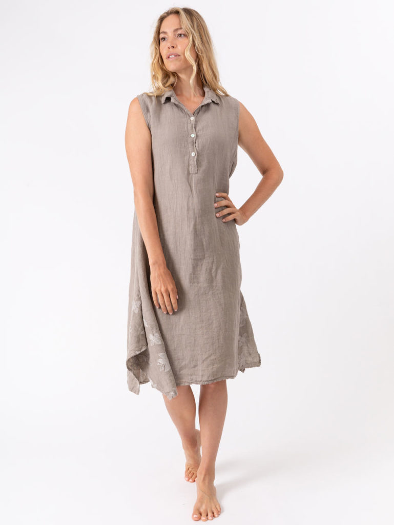 M Made in Italy Linen Summer Dress Taupe Embroidery 2021
