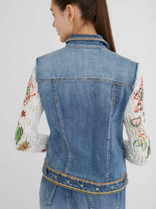 DESIGUAL Slim Tricot Jean Jacket Floral Knit Sleeves DESIGUAL Slim Tricot Jean Jacket Floral Knit Sleeves