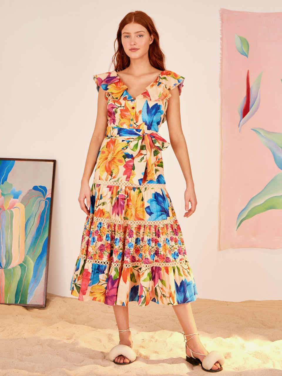 Farm Rio Marys Garden Frilled Top Midi Dress with Belt