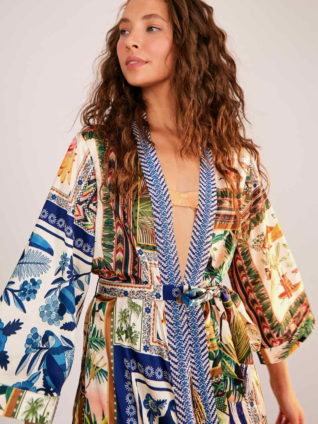 Farm Rio "Mixed Scarfs Side Slit Kimono"