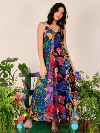 Farm Rio "Dark Mixed Prints Tiered Maxi Dress"