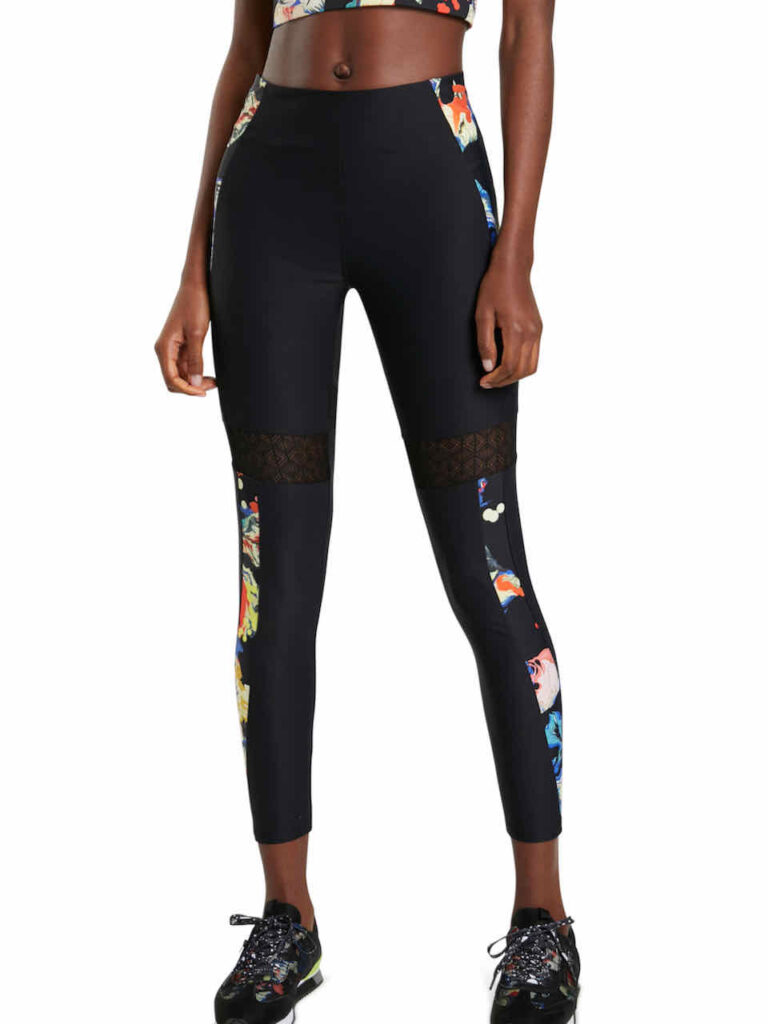 Desigual Calix Nero Floreale & Pizzo Pannello Sport Leggings Stile 21WWKK20, Nero , 46