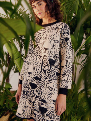 Farm Rio "B/W Midnight Leopards Sweater Dress"
