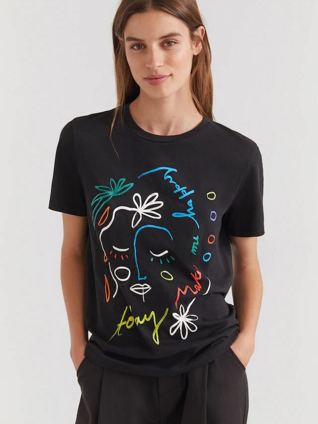 DESIGUAL Face Illustration T-Shirt White Black