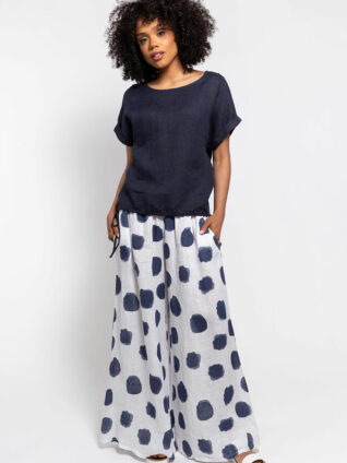 M Made in Italy Linen Wide Leg Flared Pants Polka Dots