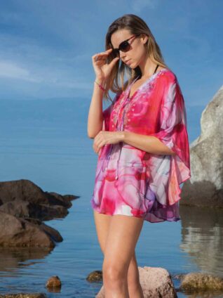 Dolcezza Embellished Beach Poncho "Red Purple Pink" (22812)