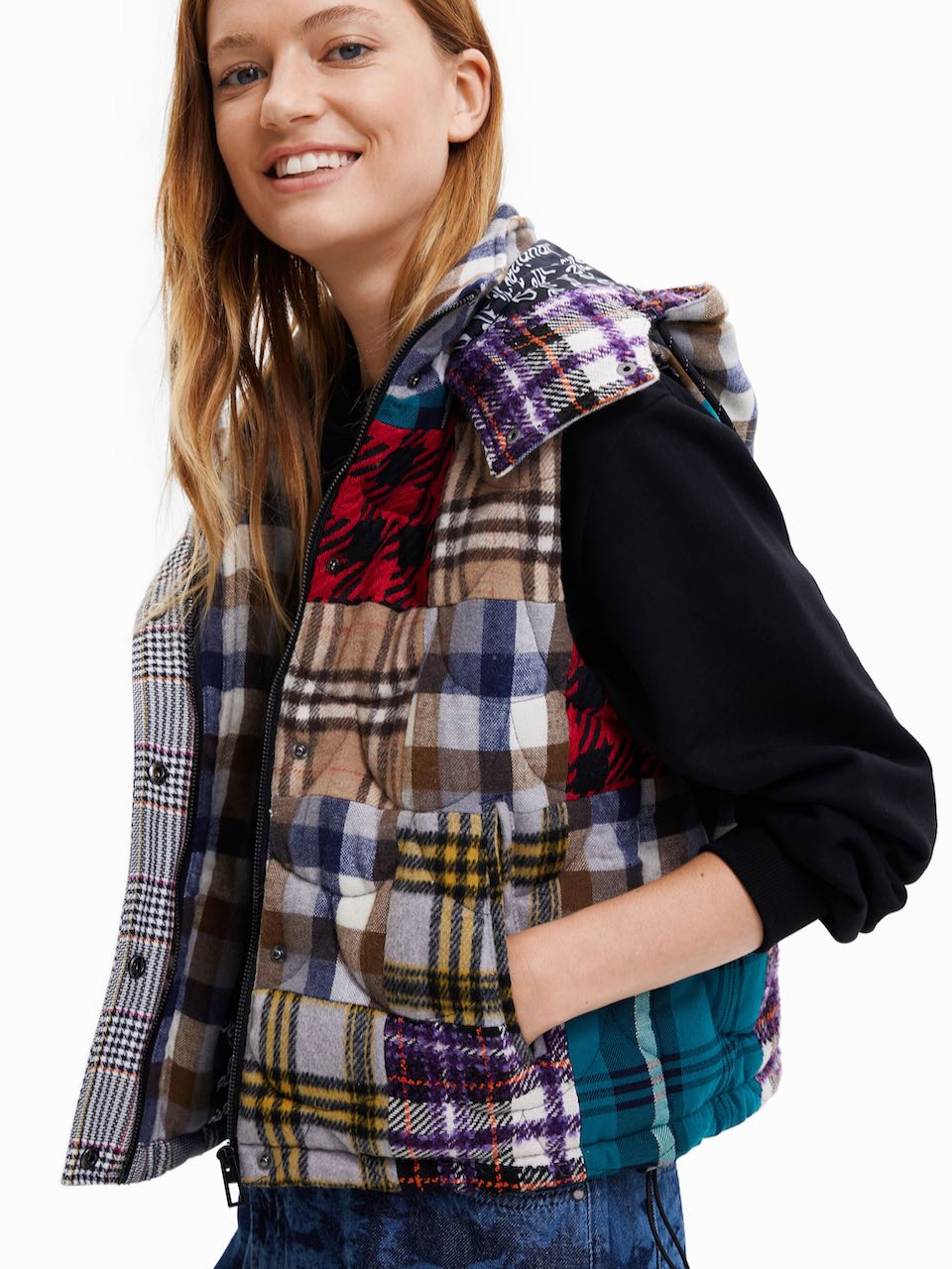 DESIGUAL Padded Patchwork Gilet Plaid Vest