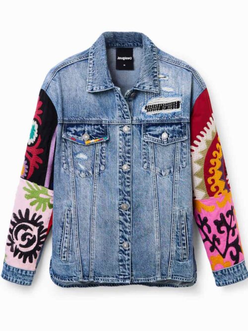 DESIGUAL Embroidered Denim Jacket Overshirt Ethnic Boho
