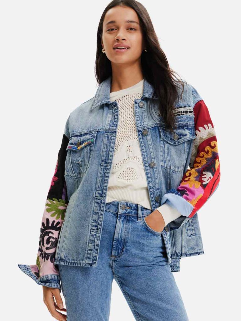 DESIGUAL Embroidered Denim Jacket Overshirt Ethnic Boho