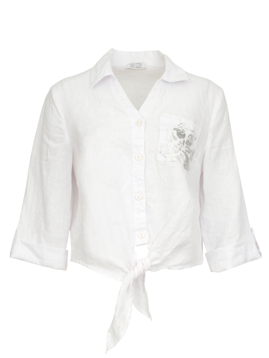 DOLCEZZA White Silver Linen Blouse Front Ties Namaste