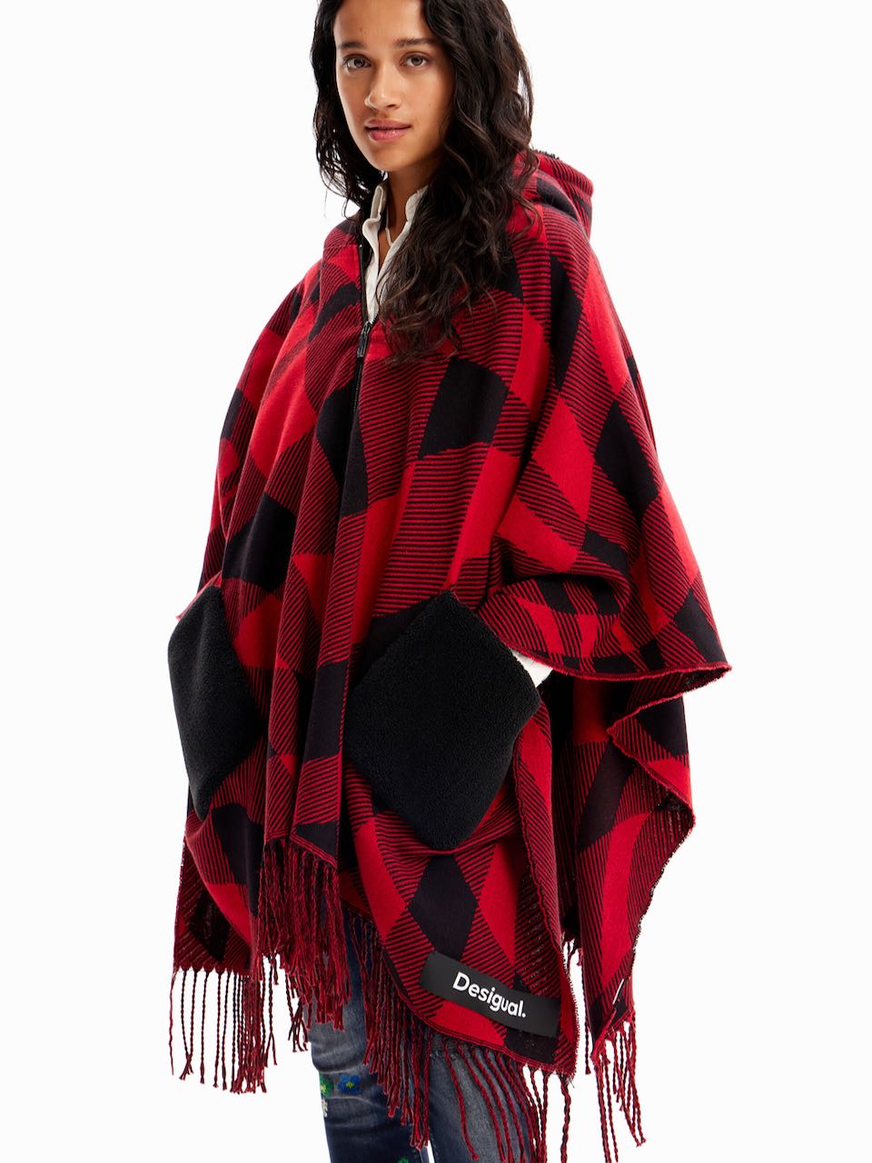 DESIGUAL Plaid Hooded Poncho Red Checkys Zipper Pockets