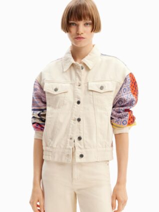 DESIGUAL Short Embroidered Denim Jacket Ivory Ethnic Boho